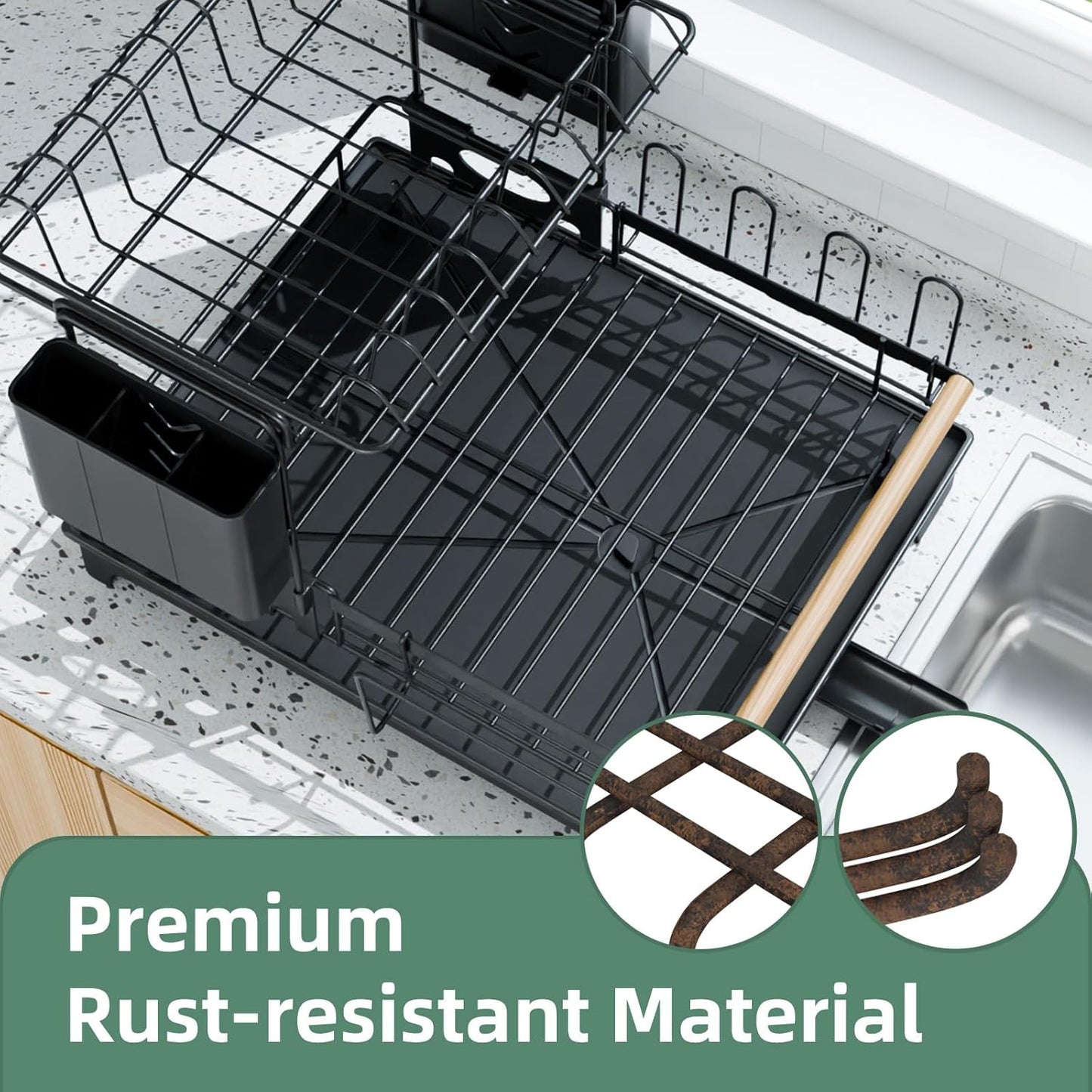 2-Tier Dish Rack with Drainboard: Large Capacity Anti-Rust Kitchen Counter Organizer with Cup