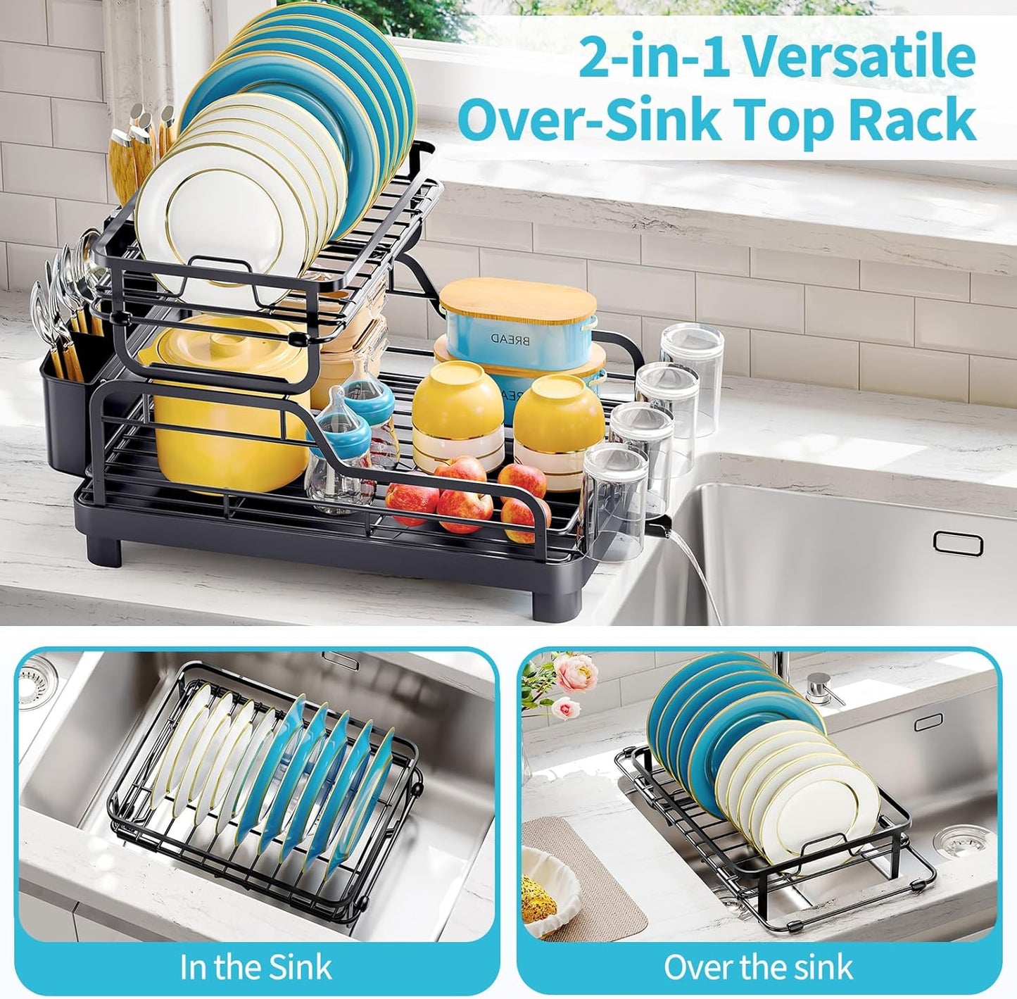 Dish Drying Rack,2 Tier Dish Drying Rack with Large Drainboard,Dish Racks for Kitchen Counter and Sink,Stainless Steel Dish Drainers with Cup ＆ Utensil Holders,Black