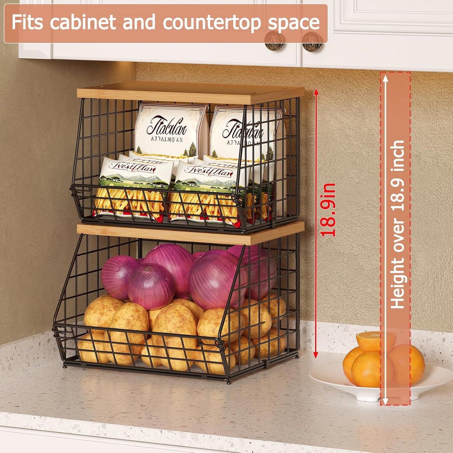 2 Set Stackable Wire Basket with Wooden Tops & Pad for kitchen organizers and storage