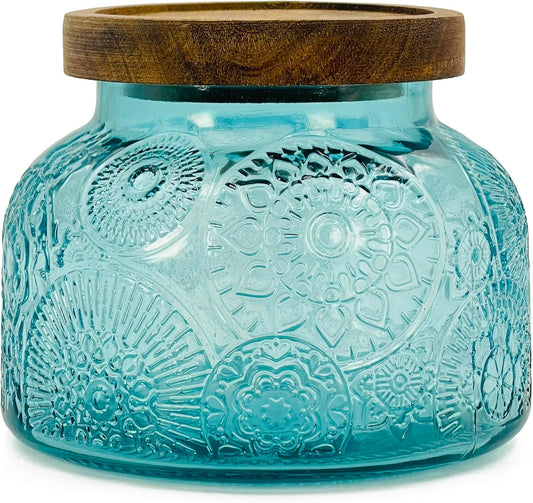 Decorative Blue Glass Storage Jar 25.4oz with Airtight Wood Lid Kitchen Canister for Coffee, Sugar