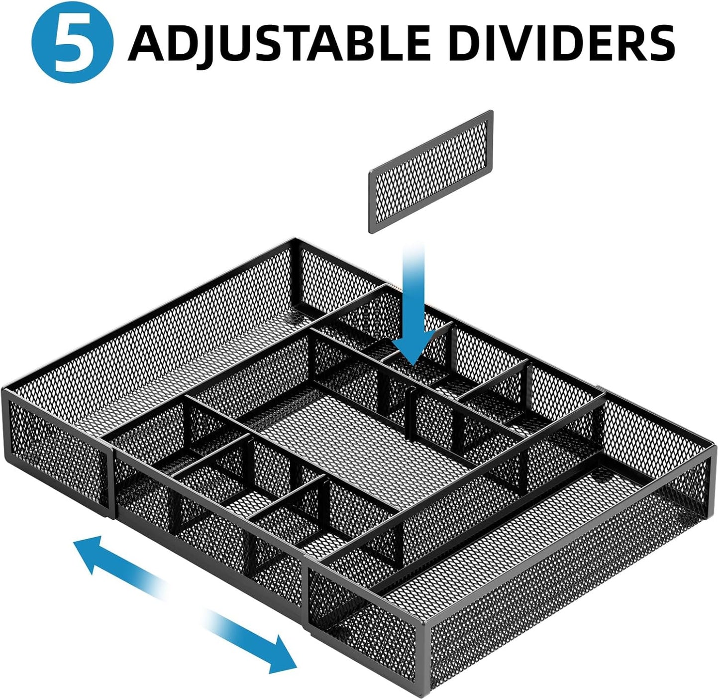 Expandable Desk Drawer Organizer, Mesh Drawer Organizer Tray with 10 Adjustable Compartments