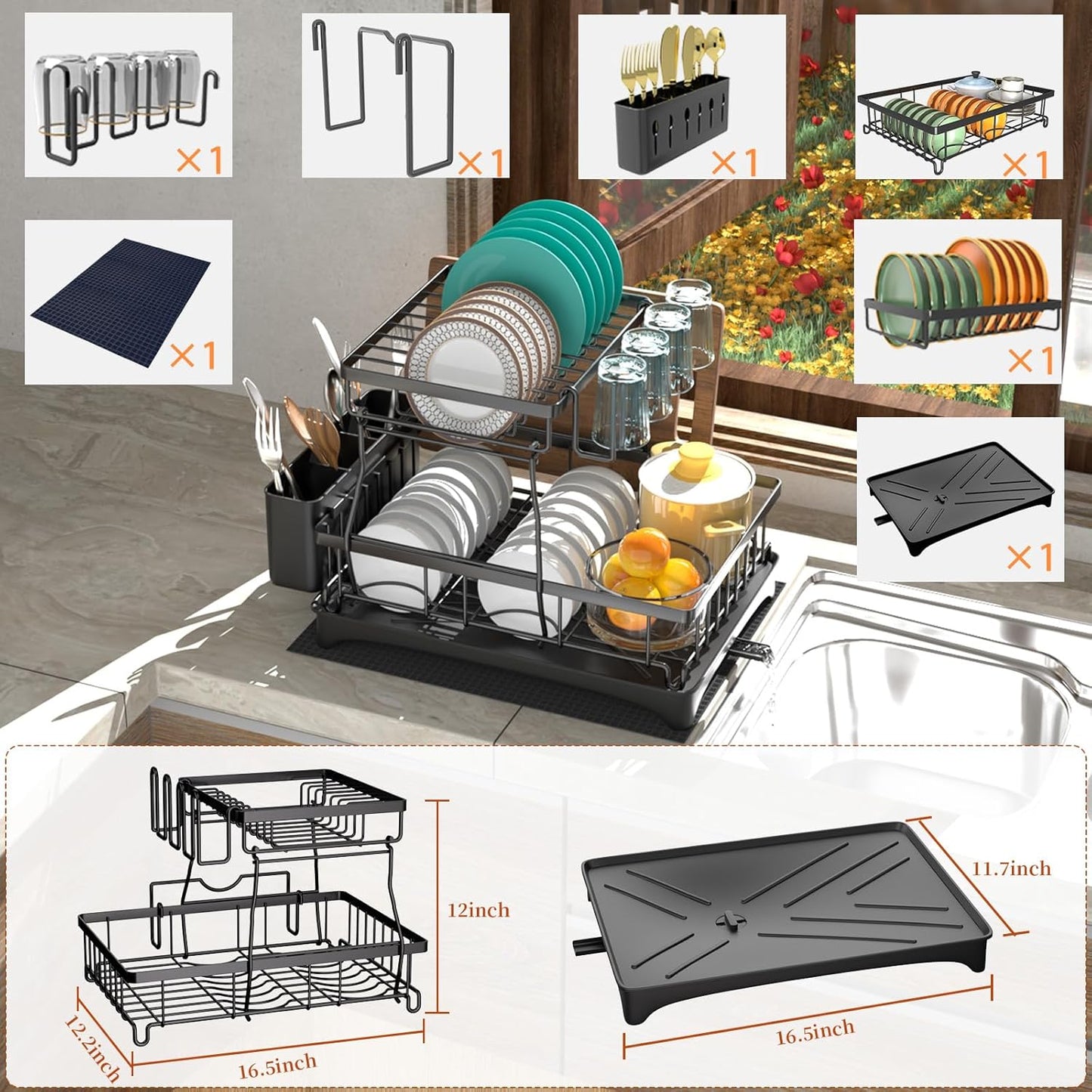 Dish Drying Rack, 2-Tier Dish Rack with Auto-Drain & Mat, Dish Racks for Kitchen Counter