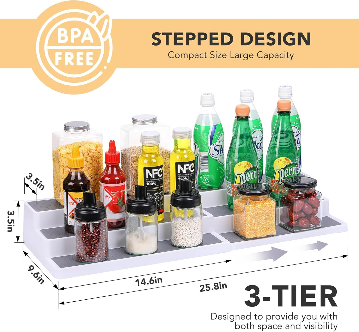 3 Tier Expandable Spice Rack Organizer, White/Grey Plastic Spice Rack