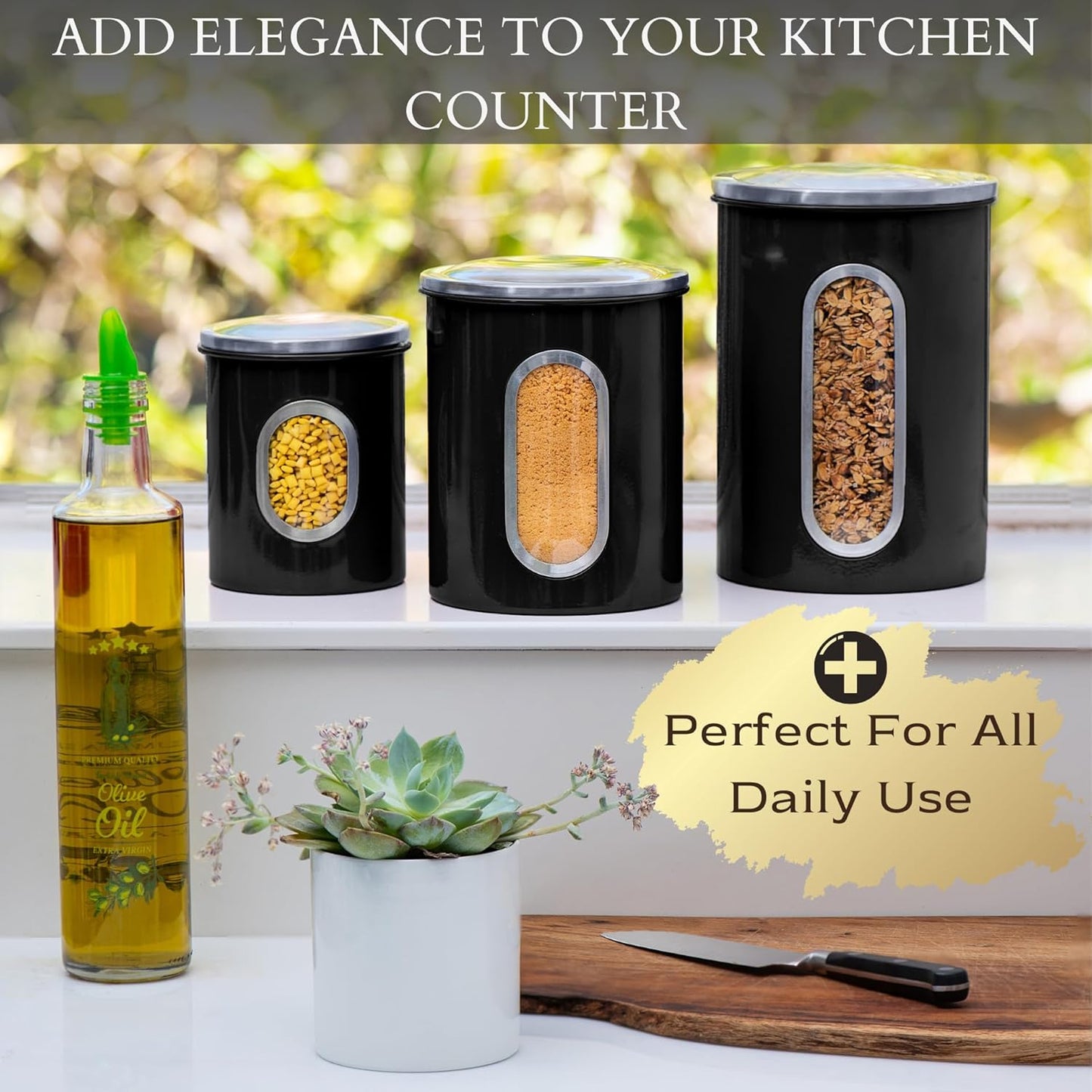 3-Piece Black Canisters Sets For The Kitchen, Airtight Canister Set With See Through Window