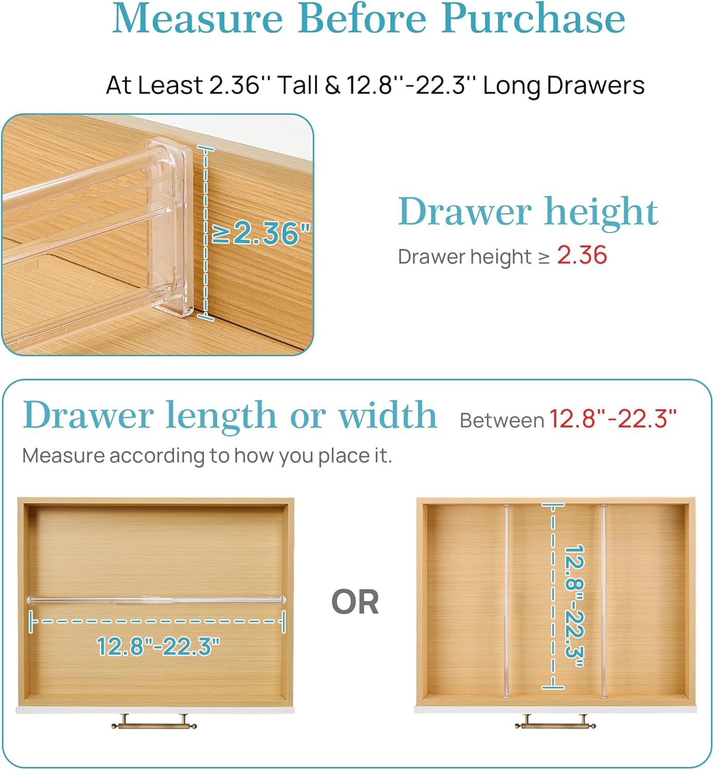 2.36” Drawer Dividers with Expandable Inserts, 12.8"-22.3" Adjustable Kitchen Drawer Organizer