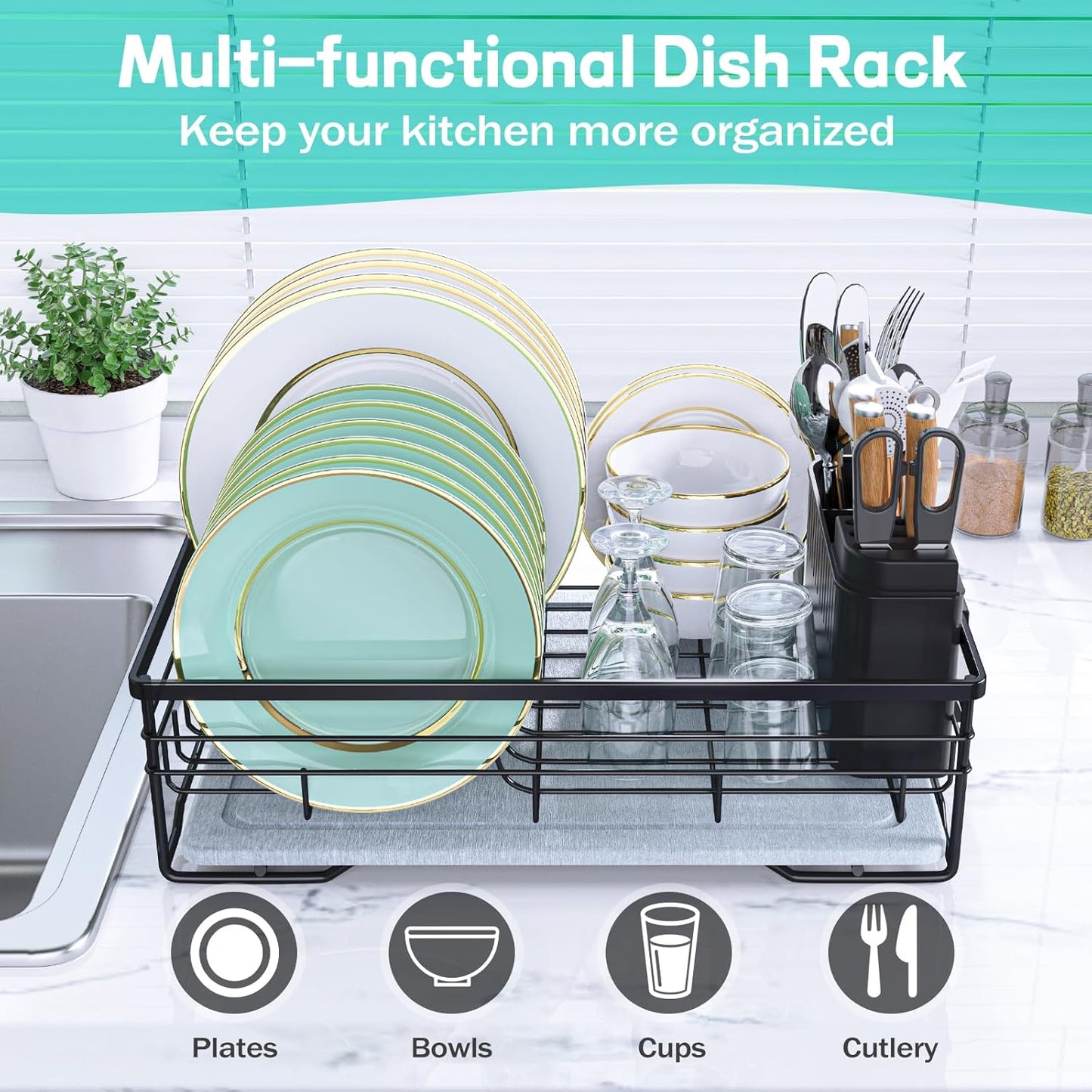 Dish Drying Rack with Stone Drying Mat, Quick-Drying/Stainless/Super Sturdy/Space-Saving