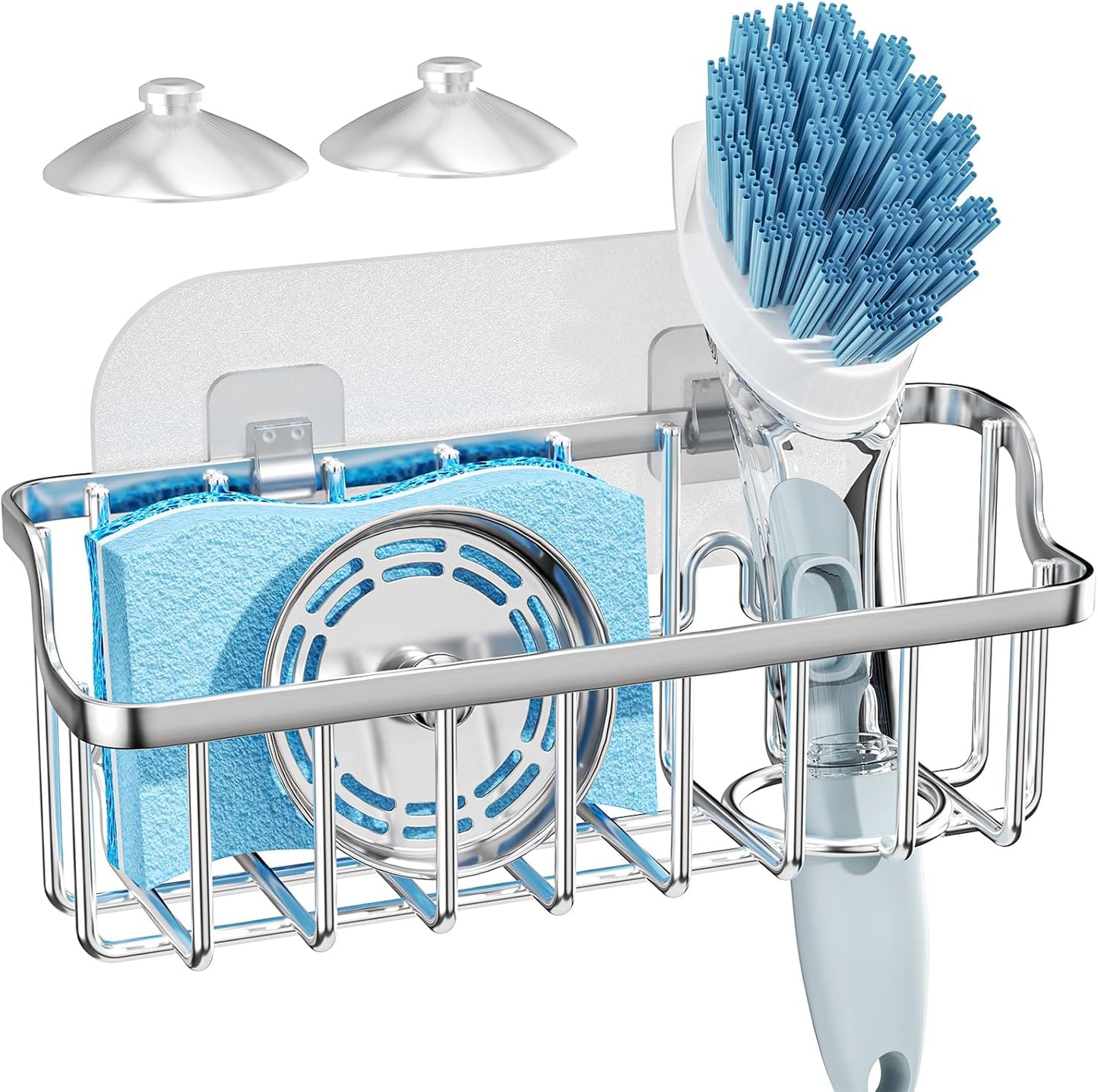 Sponge Holder Sink Caddy - Ladder Shaped Sponge Holder for Kitchen Sink with 2 Installation Ways (Suction Cups & Adhesive Hook), Rustproof Stainless Steel Kitchen Organizer, Silver