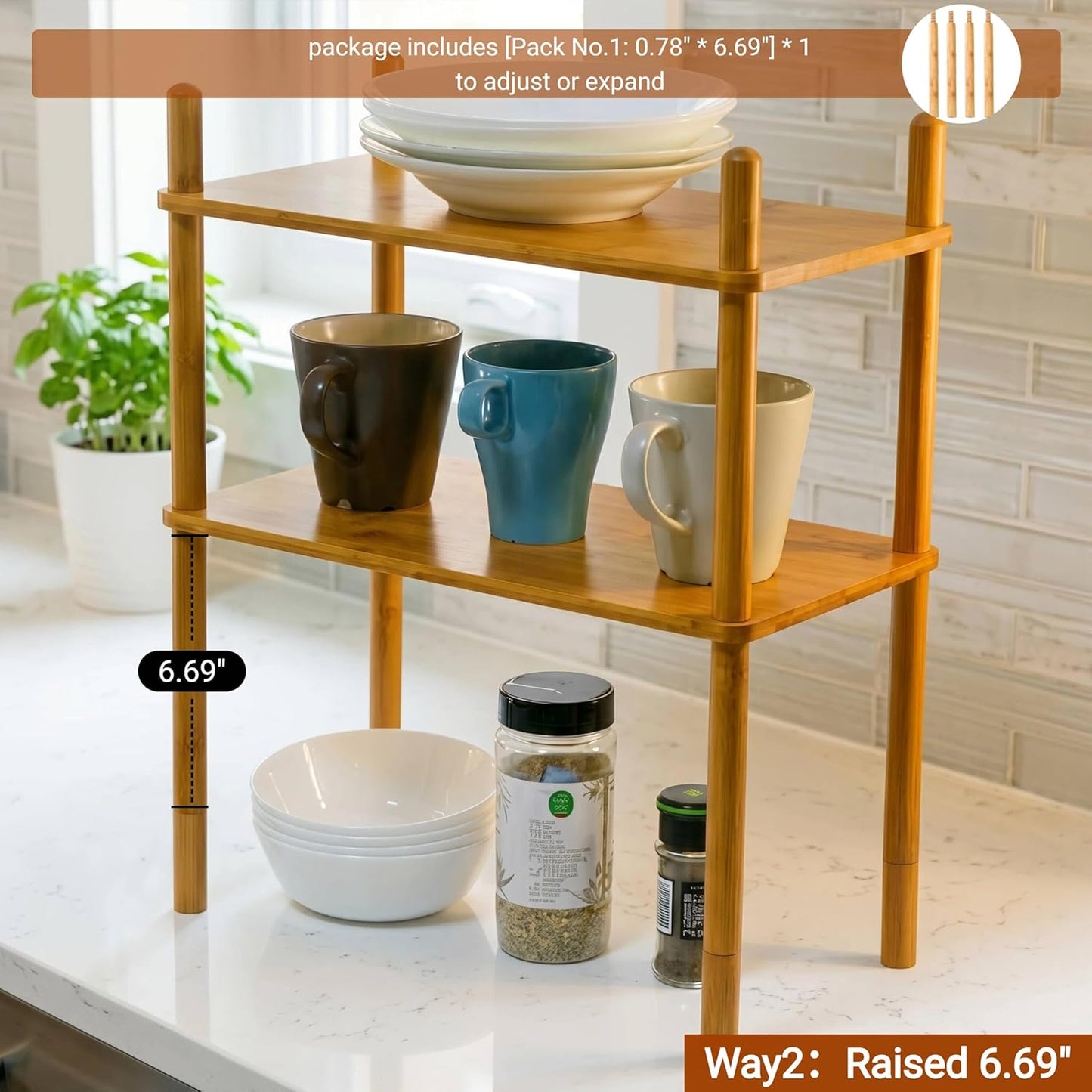 2-Tier Expandable Bamboo Desktop Organizer Shelf Kitchen Cabinet and Counter Riser Display Shelf for Top of Desk Home Office Bathroom Coffee Table Display Stand (1, Natural, 2-Tier Plus)