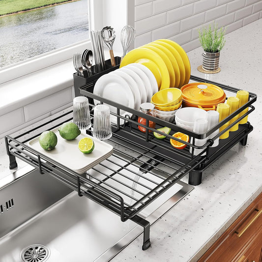Dish Drying Rack - Extendable Dish Rack, Large Sink Drying Dish Drainer for Kitchen Counter