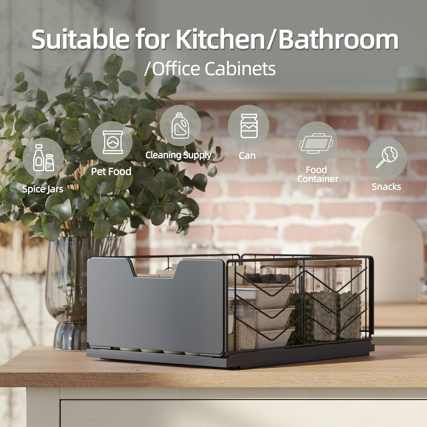 Pull Out Cabinet Organizer, 2 Pack No Drill Slide Out Drawers for Kitchen Cabinets