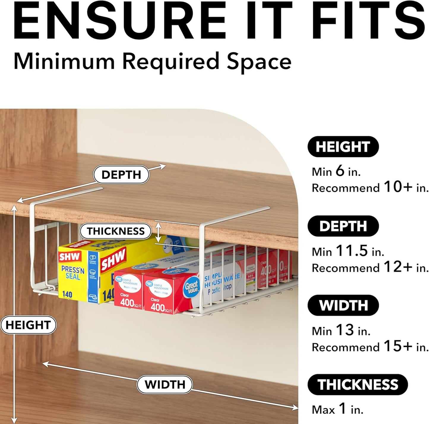 Under Shelf Basket, White – 2-Pack Space-Saving Storage Organizer for Kitchen, Pantry, Closet