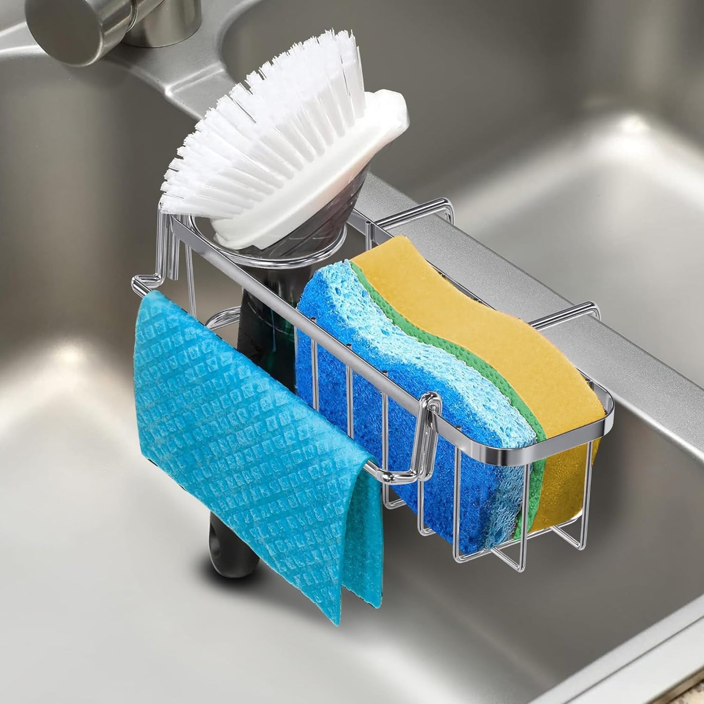 3-in-1 Sponge Holder for Kitchen Sink, Hanging Caddy for Double Bowl Sinks