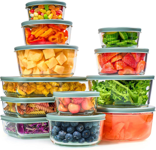 24pc Set Glass Food Storage Containers & Bowls with Airtight Lids