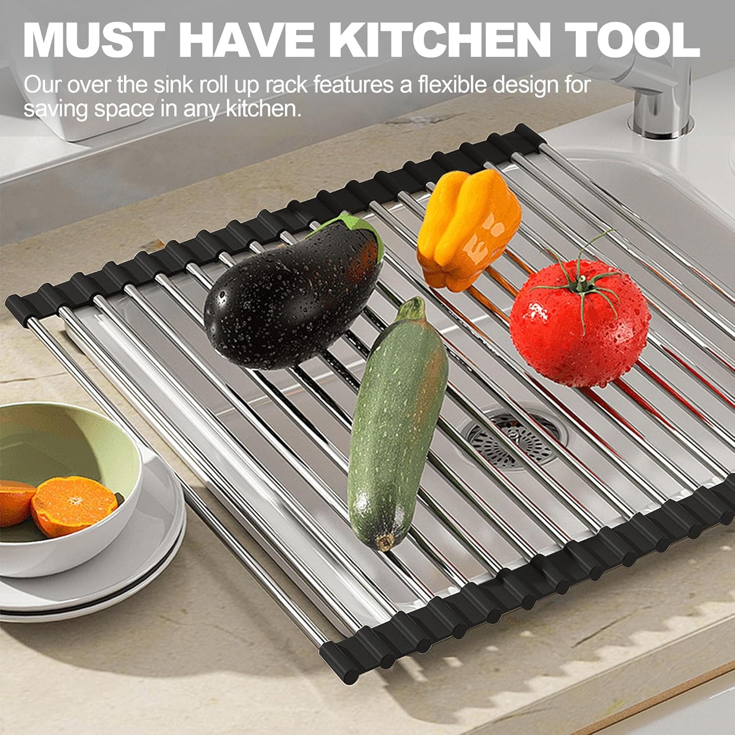 Dish Drying Rack with Roll Up and Over Sink for Kitchen,17.5"x15.7",Black