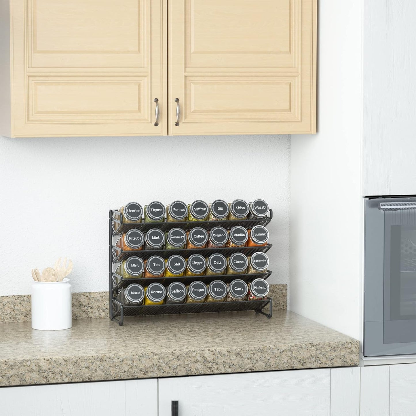 Spice Rack Organizer with 28 Spice Jars, 386 Spice Labels, Chalk Marker and Funnel Set for Cabinet