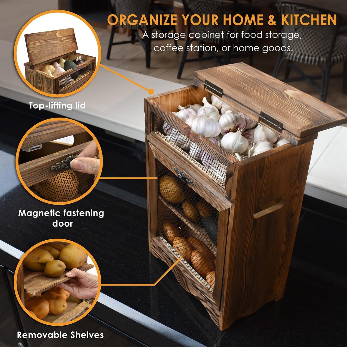 Free Assemble Wooden Countertop Potato and Onion Storage Bin Box,Countertop Cabinet