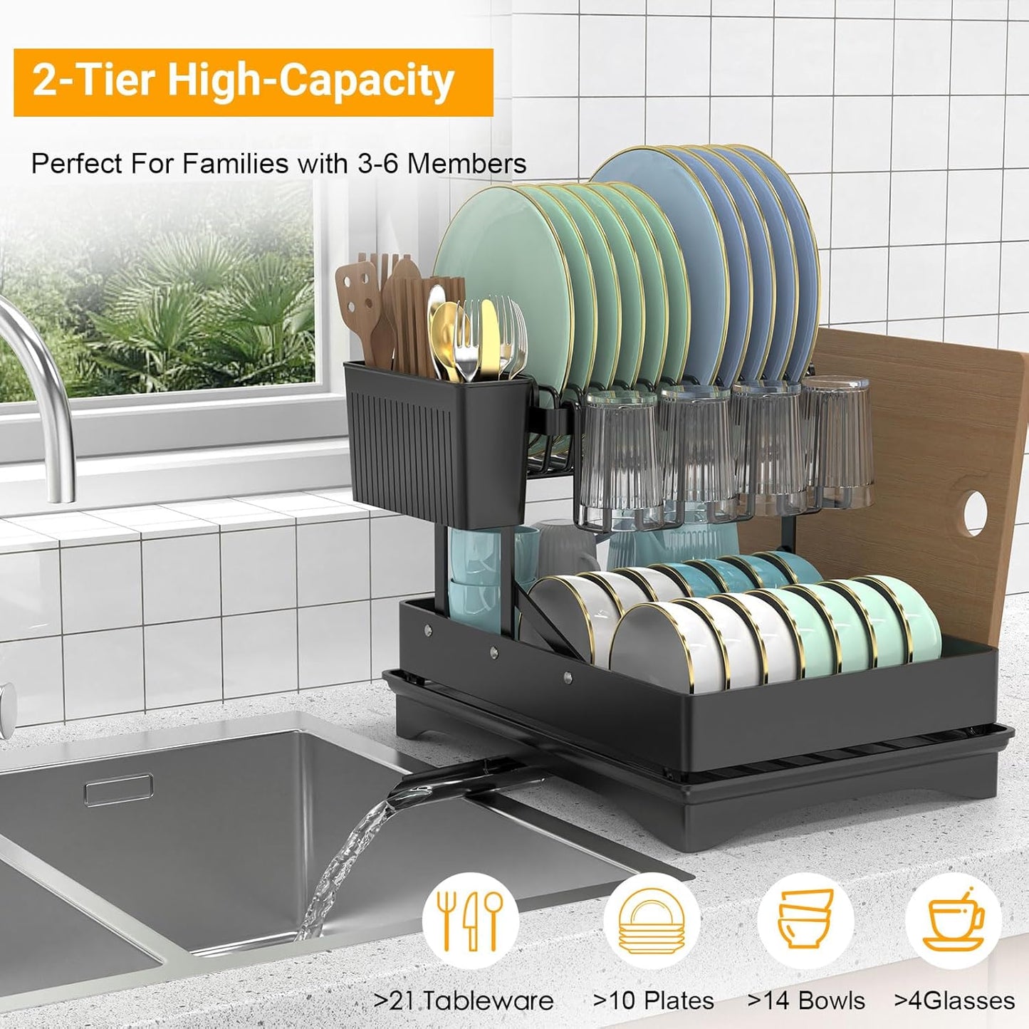 Large Dish Drying Rack 2 Tier for Kitchen Counter