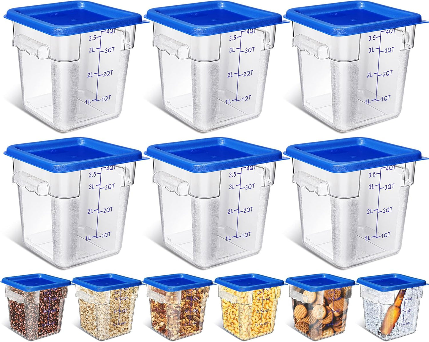 6 Pcs Commercial Clear Food Storage Containers 4 Qt Square Acrylic Airtight Food Storage Containers with Lids for Kitchen Restaurant Pantry Freezer Flour Sugar(Blue)