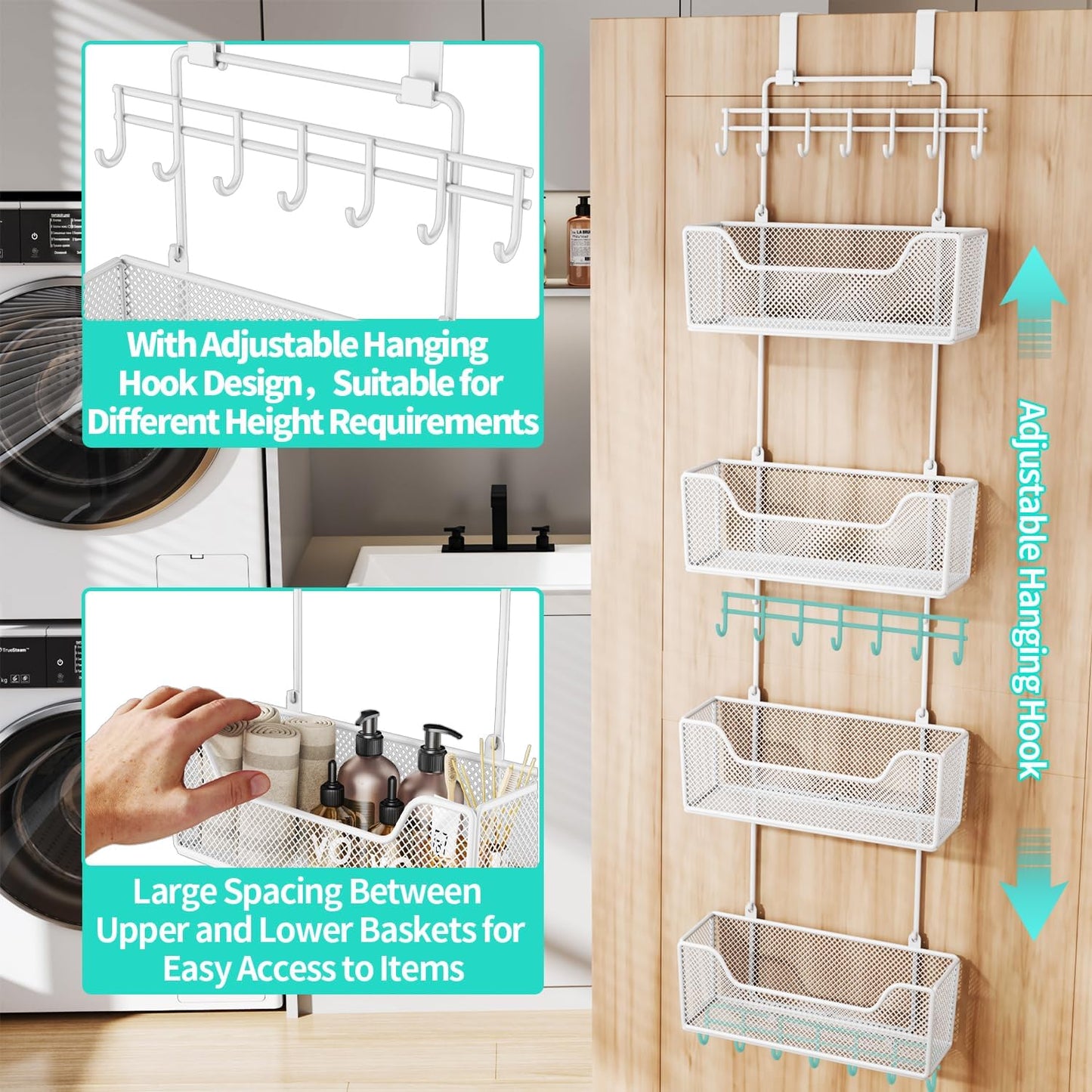 Over Door Organizer Storage - Hanging Door Organizer with 4 Metal Large Capacity Baskets and Adjustable Coat Hook for Bathroom Bedroom Kitchen Pantry Closet Cabinet