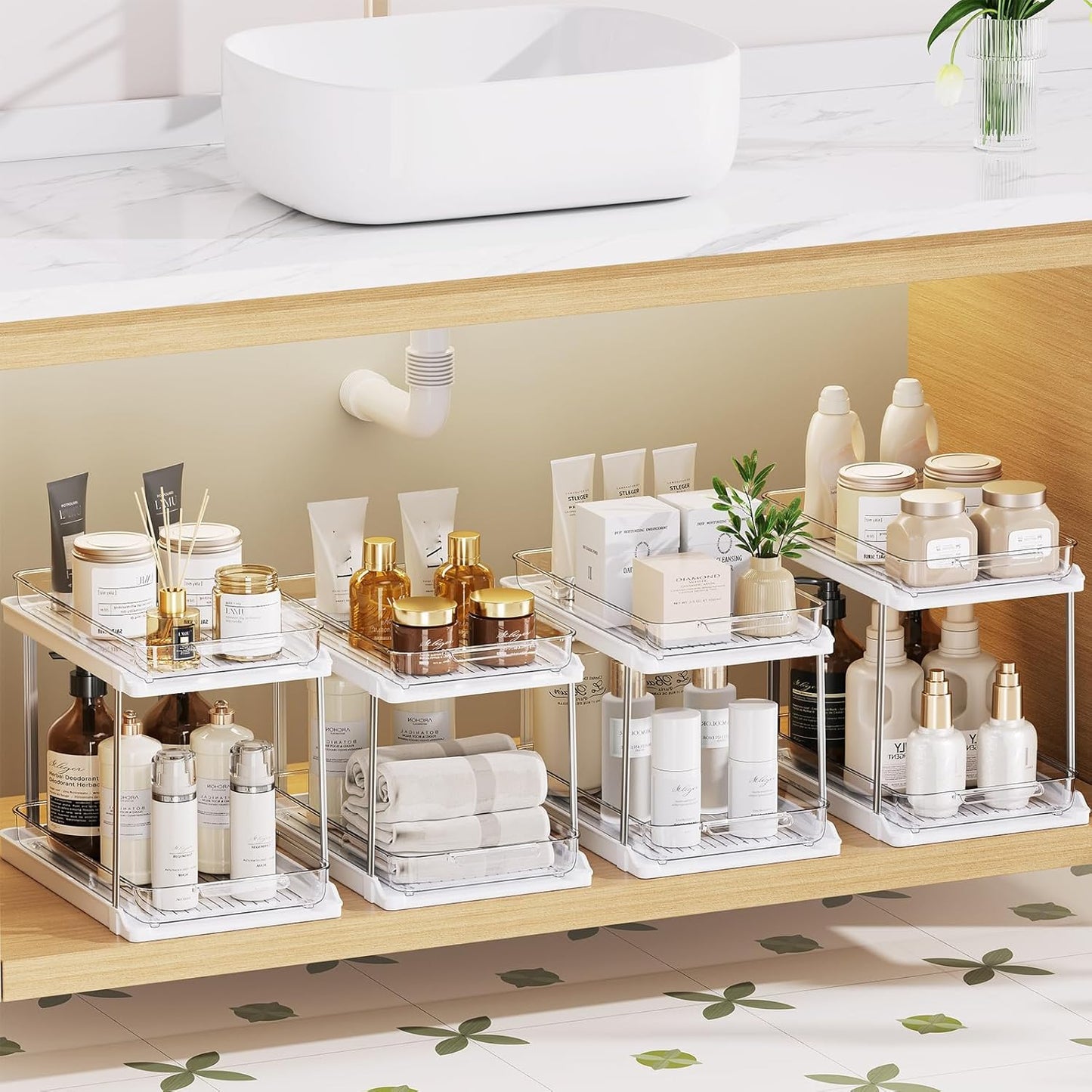 2-Tier Bathroom Under Sink Organizers and Storage, Pull Out Cabinet Drawers with Anti-Slip Design