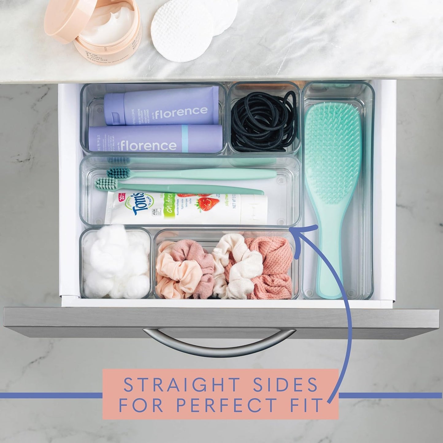 Six Pieces - Clear Plastic Drawer Organizer Bins - Stackable, Non-Slip, 3 Sizes