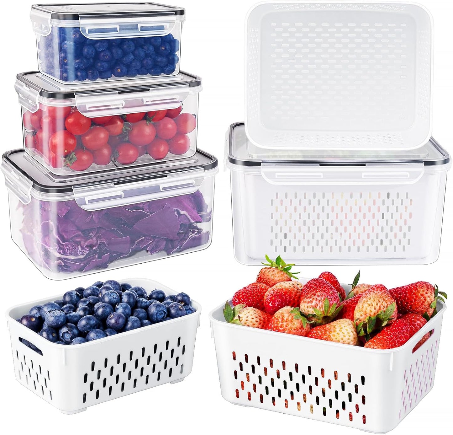 Fruit Storage Containers for Fridge with Removable Colander, Airtight Food Storage Container