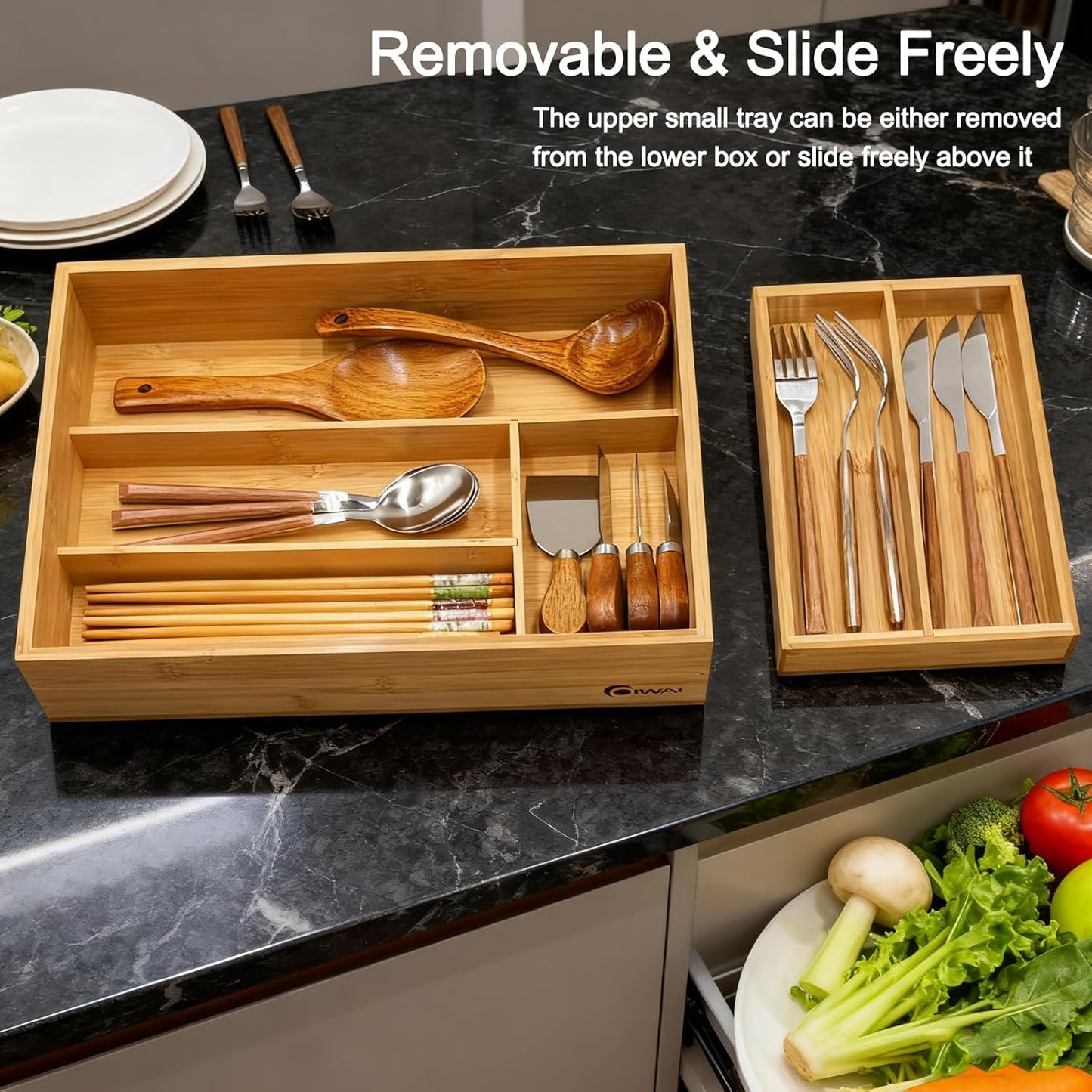 2-Tier Drawer Organizer with Removable Cutlery Tray Kitchen Utensil Silverware Drawer Organizer