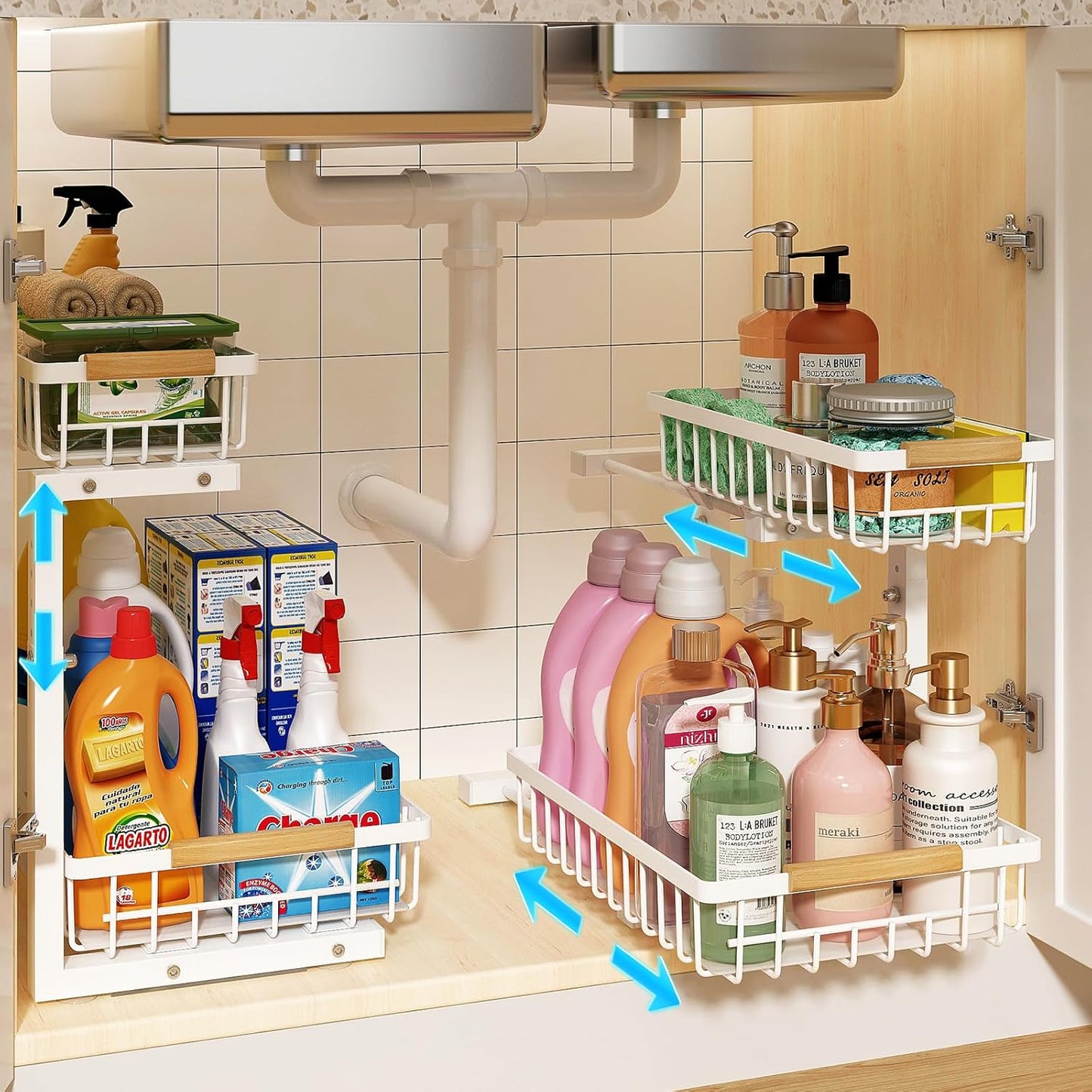 Under Sink Organizer, Height Adjustable Under Sink Organizers and Storage