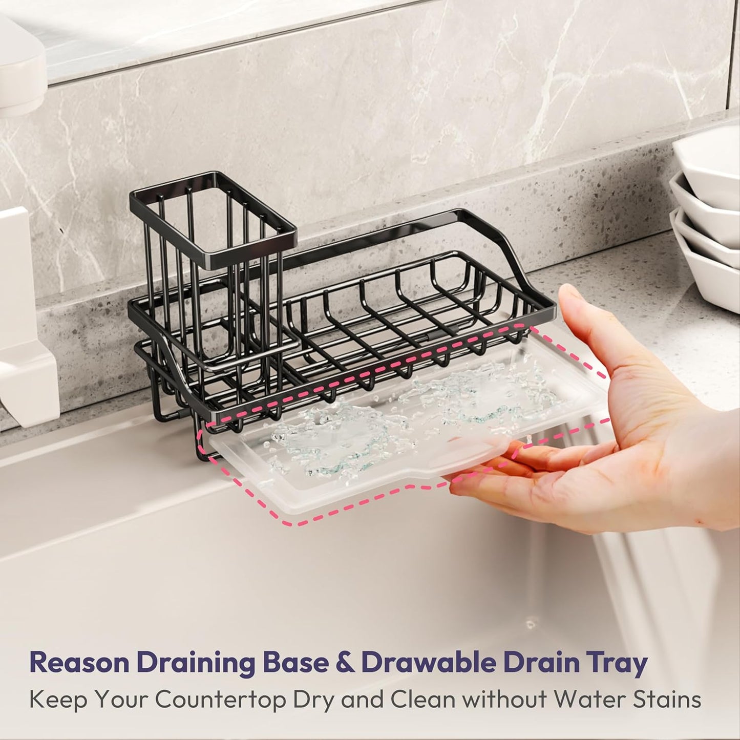 Sink Caddy Sponge Holder - Kitchen Sink Organizer with High Brush Holder for Countertop to Hold Dish Soaps and Sponges, Stainless Steel, Black
