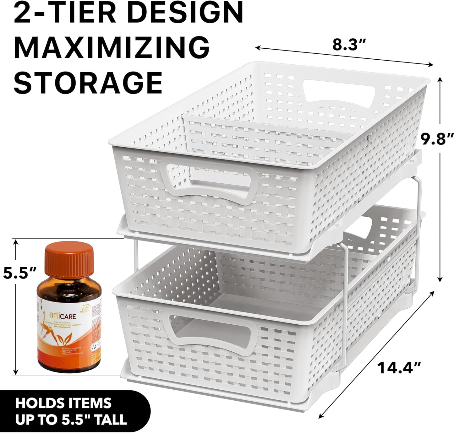 2 Tier Bathroom Organizer Tray Pull-Out Sliding Drawer, Under Sink Storage, White