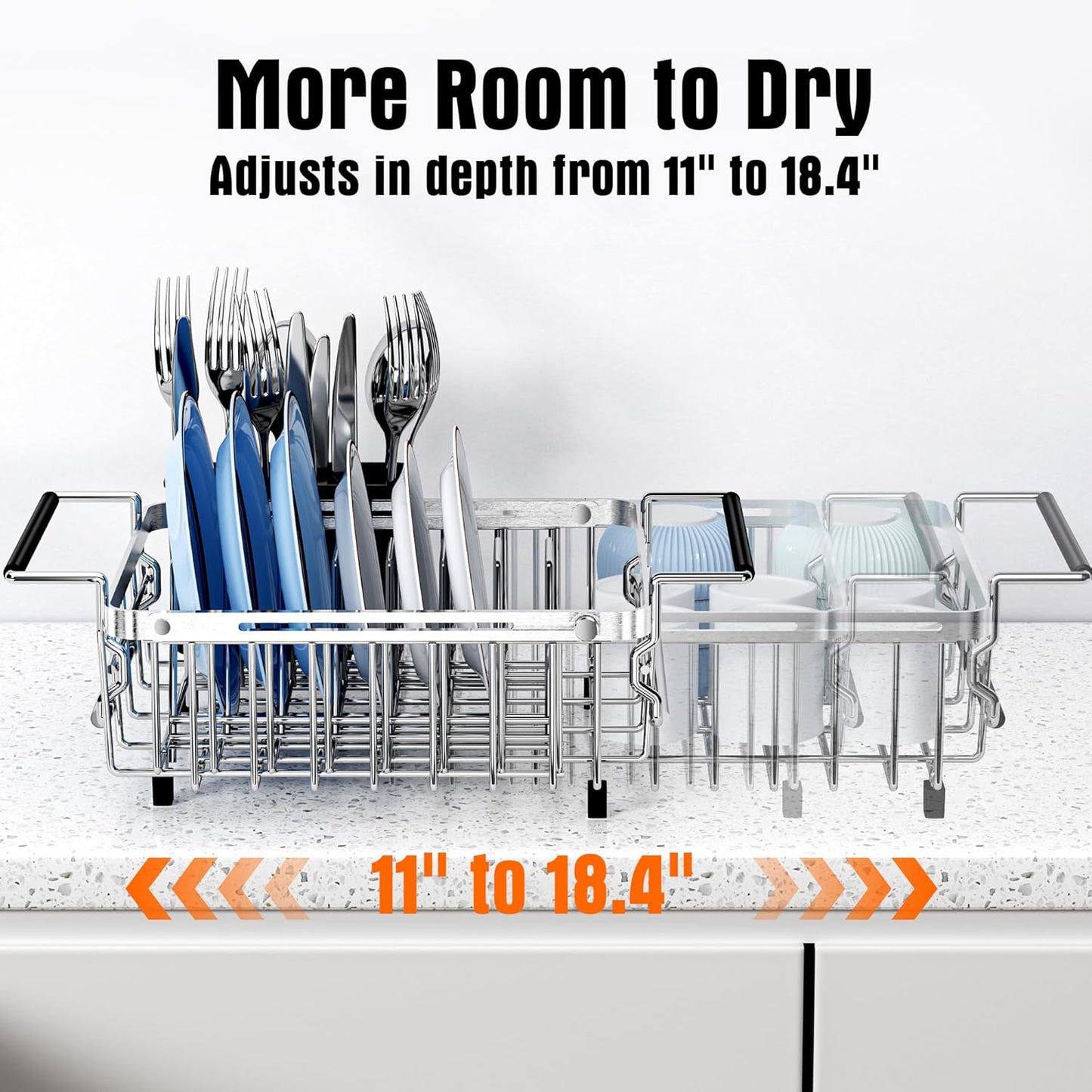 Expandable Dish Drying Rack in Sink,Stainless Steel Over The Sink Dish Drainer Drying Rack for Kitchen Counter,with Utensil Holder,Silver