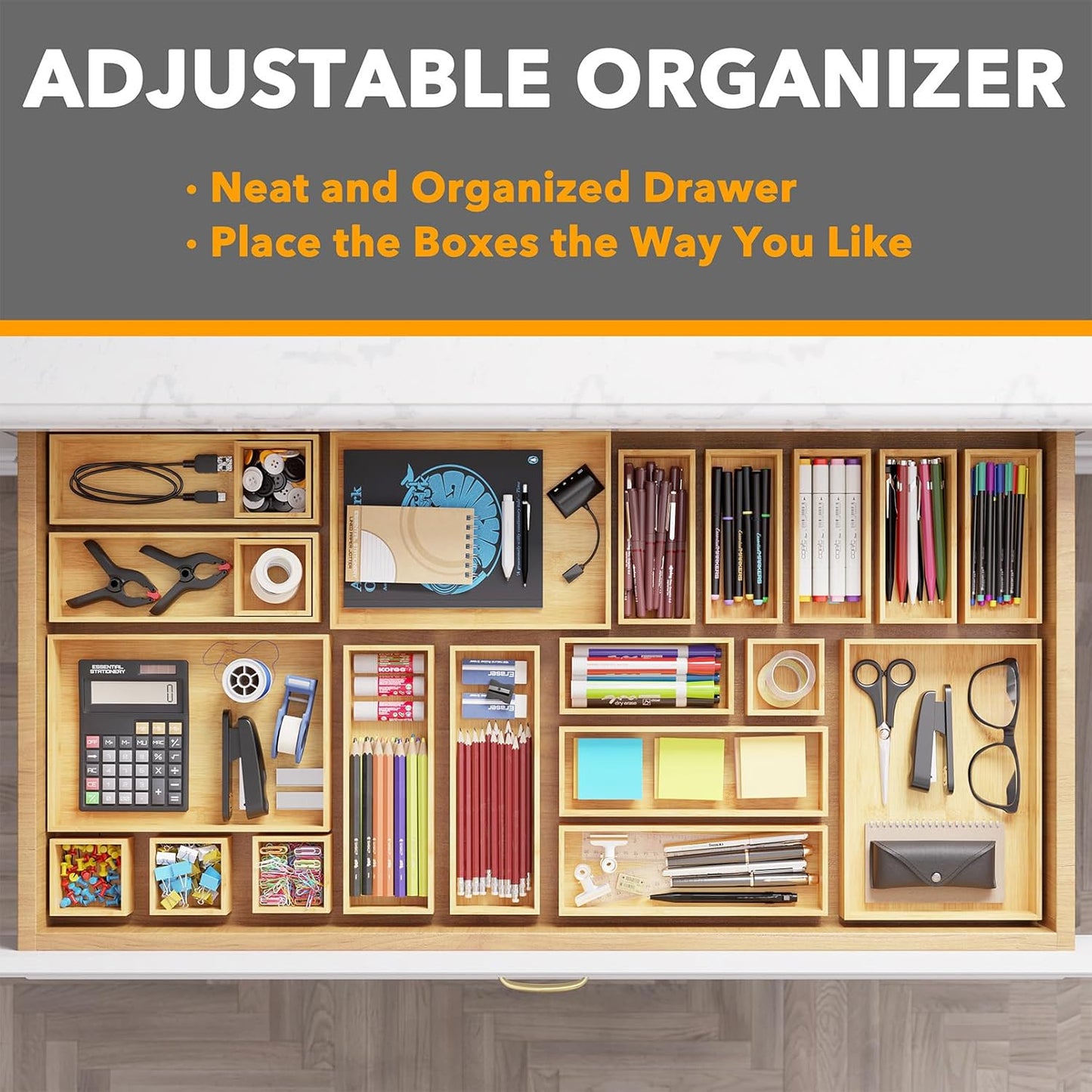 21-Piece Bamboo Drawer Organizer Storage Boxes Set