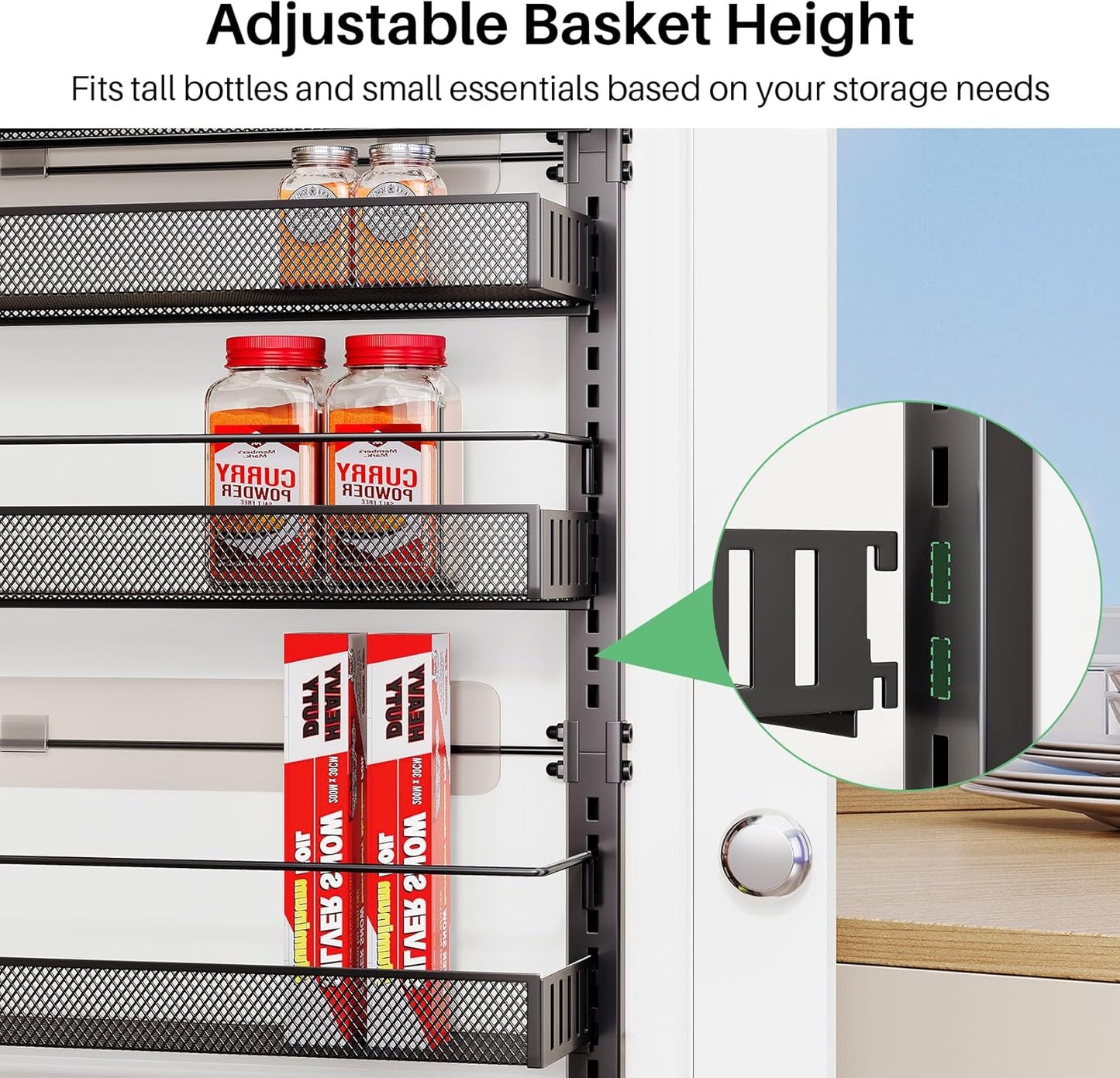 8 Tiers Over the Door Organizer - Height Adjustable Pantry Organizers and Storage with Dense Mesh Baskets, Anti-Swing Hanging Door Spice Rack for Kitchen Bathroom (Black, 17" W x 6" D x 69" H)