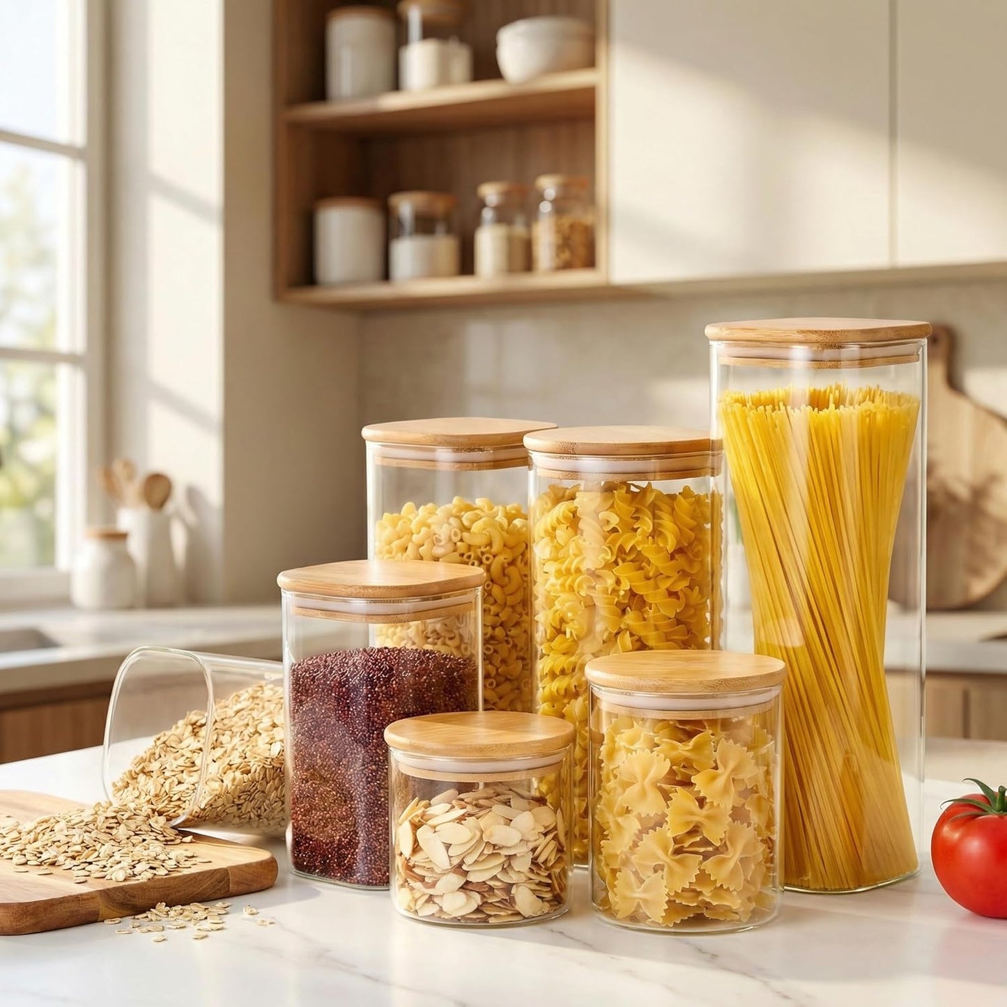 Square Glass Jars with Bamboo Lids [Muti Size Set of 5], Glass Canisters with Airtight Lids