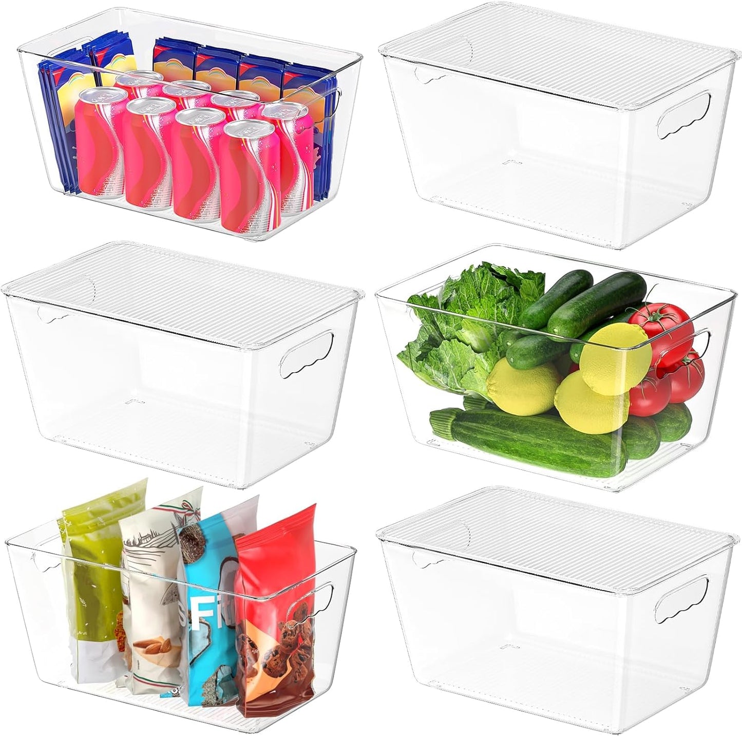 Clear Stackable Storage Bins with Lids, Plastic Containers with Handle for Pantry Organizers and Storage, Plastic Bins for Fridge, Kitchen, Bathroom, Cabinet (13x7.4x7, 6PK)