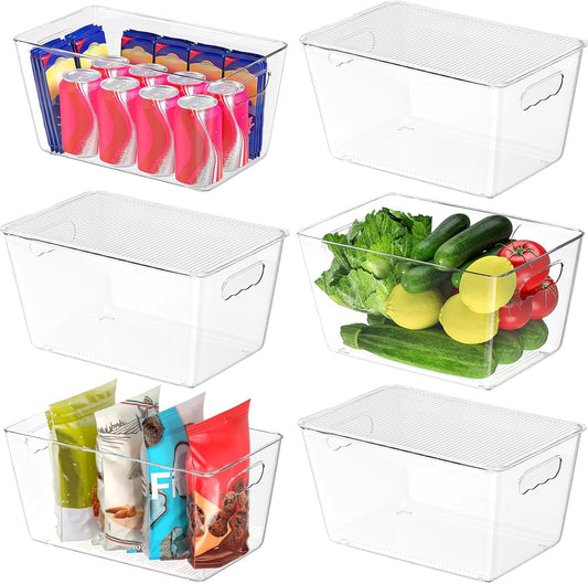 Clear Stackable Storage Bins with Lids, Plastic Containers with Handle for Pantry Organizers and Storage, Plastic Bins for Fridge, Kitchen, Bathroom, Cabinet (13x7.4x7, 6PK)