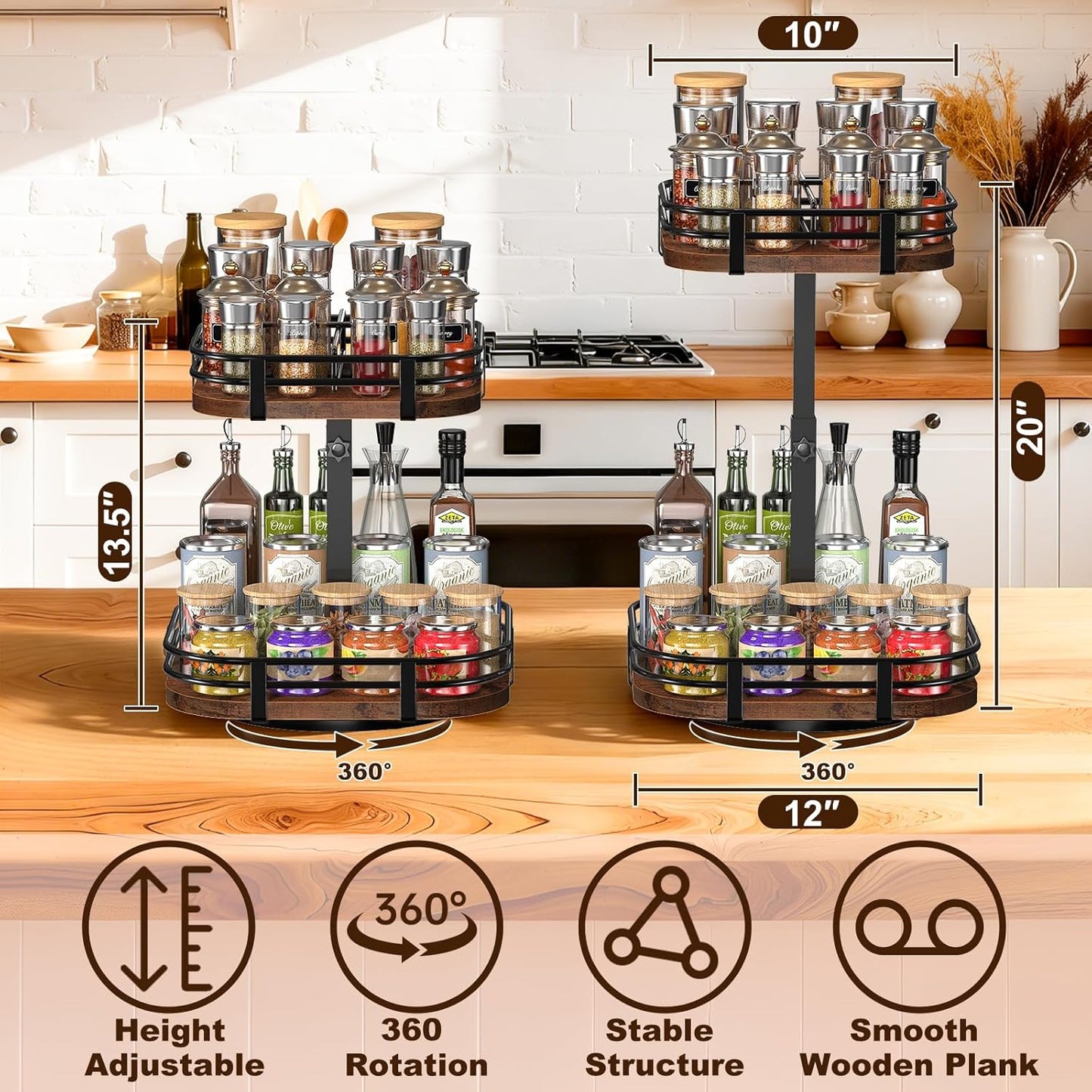12" Large Lazy Susan Turntable Organizer Adjustable - Rotating Spice Rack for Table Top
