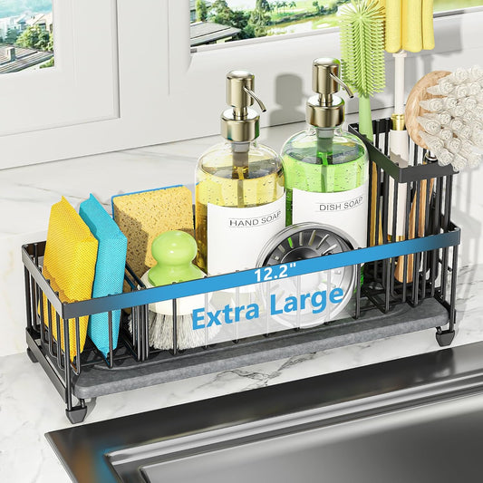 Extra Large Sink Caddy Organizer with Drying Stone, Black Sponge Holder for Kitchen