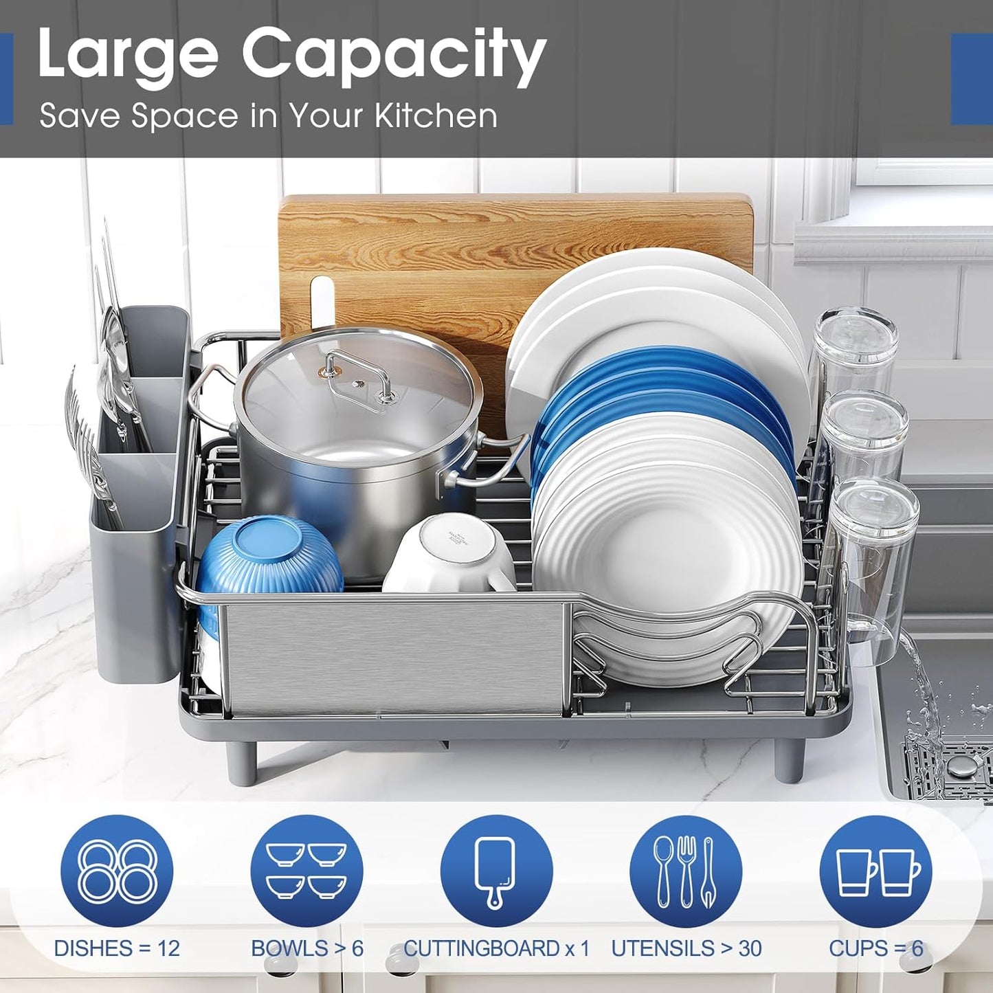 Stainless Steel Dish Drying Rack - Large Capacity Kitchen Counter Organizer with Drain Board