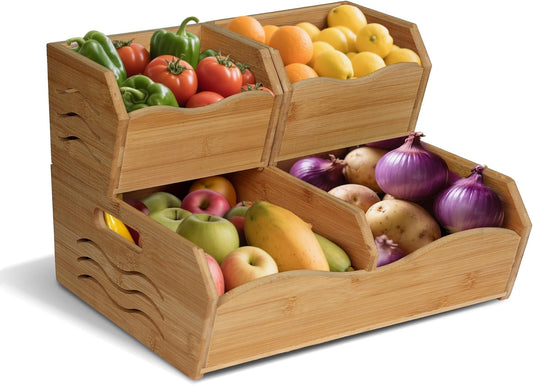 3 Pieces Bamboo Pantry Storage Bins, Stackable Pantry Baskets with Handle
