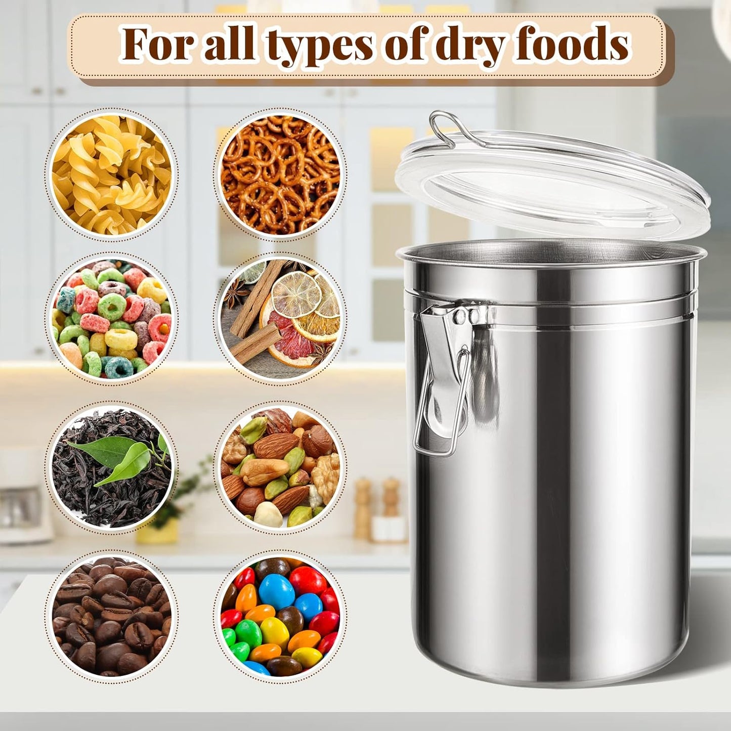 6 Pcs Stainless Steel Kitchen Canister 62 fl oz with Airtight Clear Clamp Lid