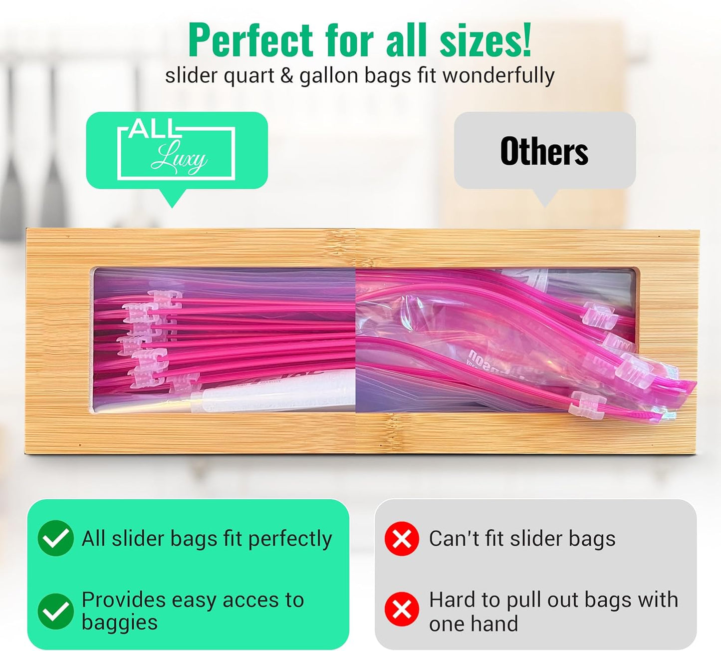 Storage Bag Organizer for Kitchen Drawer - Bamboo Baggie Organization Compatible with Gallon