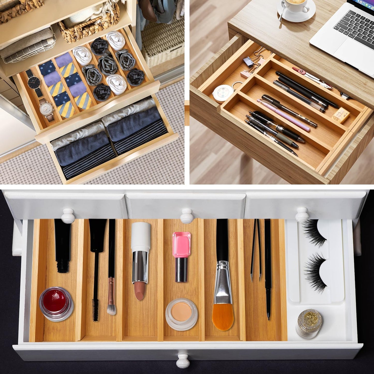 Expandable Large Utensil Drawer Organizer Cutlery Tray Bamboo Kitchen Silverware Organizer Cooking Utensil Tray Holder Adjustable Wooden Flatware Organizer for Drawer Spoon Fork Silverware Tray