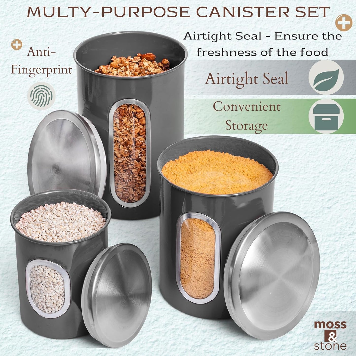 3-Piece Gray Canisters Sets For The Kitchen, Airtight Canister Set With See Through Window