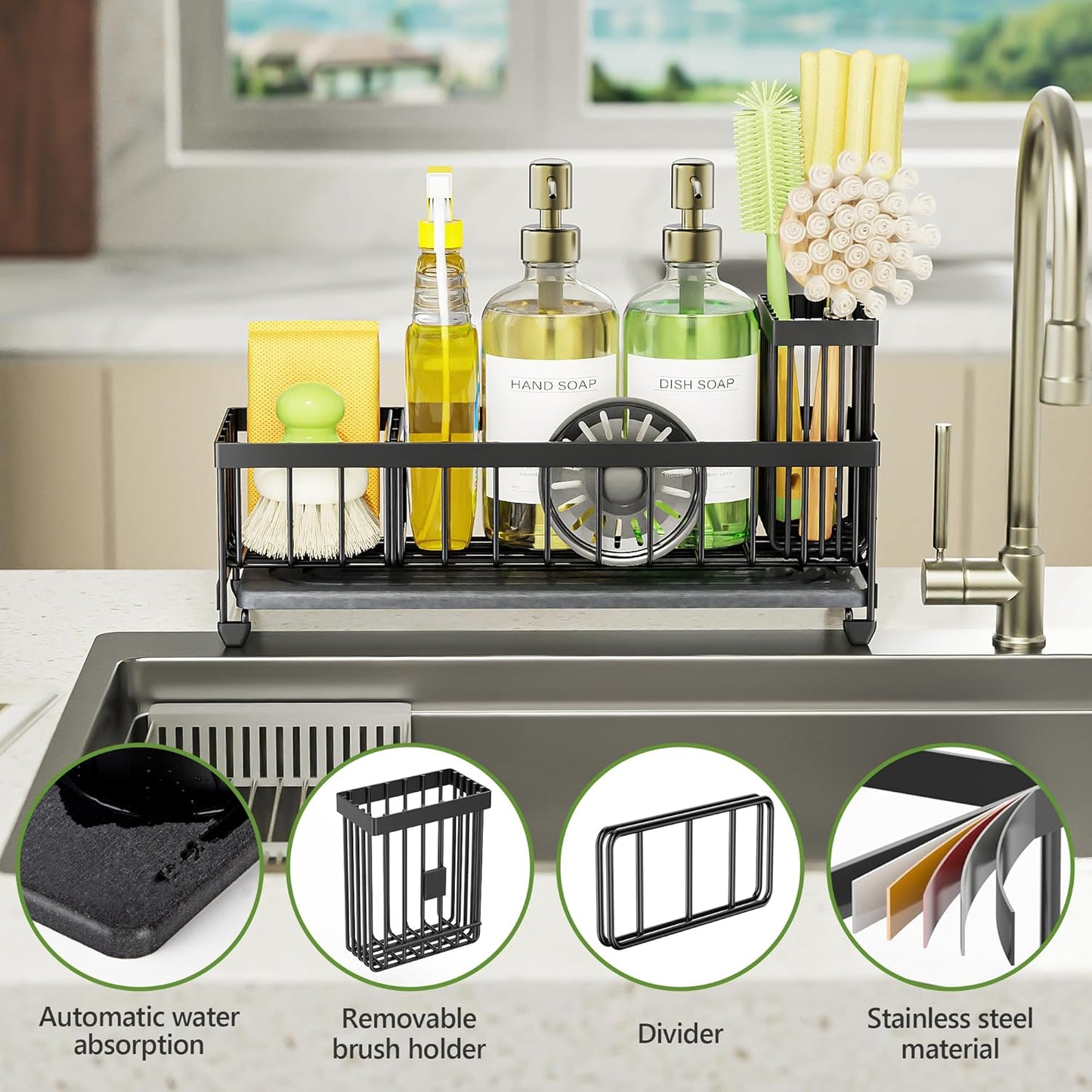 Extra Large Sink Caddy Organizer with Drying Stone, Black Sponge Holder for Kitchen