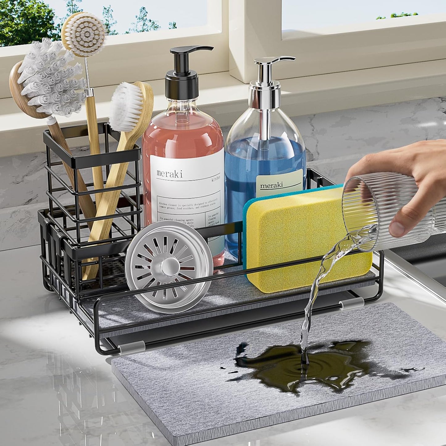 Large Family-Sized Sponge Holder for Kitchen Sink Organizer - Sink Caddy with Instant Drying Stone