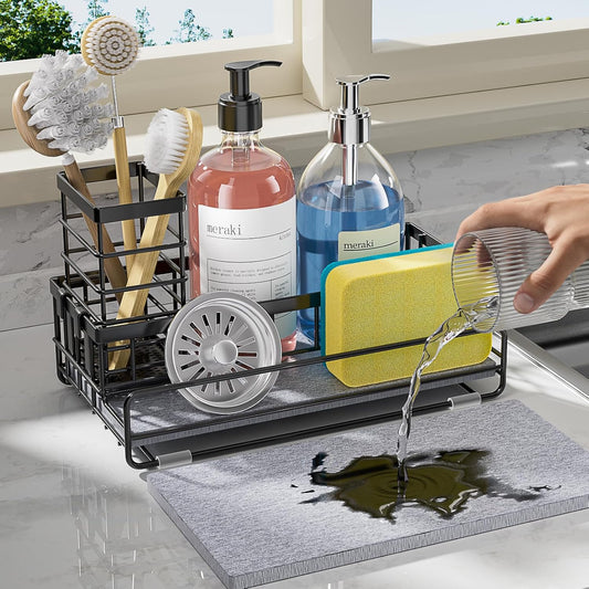 Large Family-Sized Sponge Holder for Kitchen Sink Organizer - Sink Caddy with Instant Drying Stone