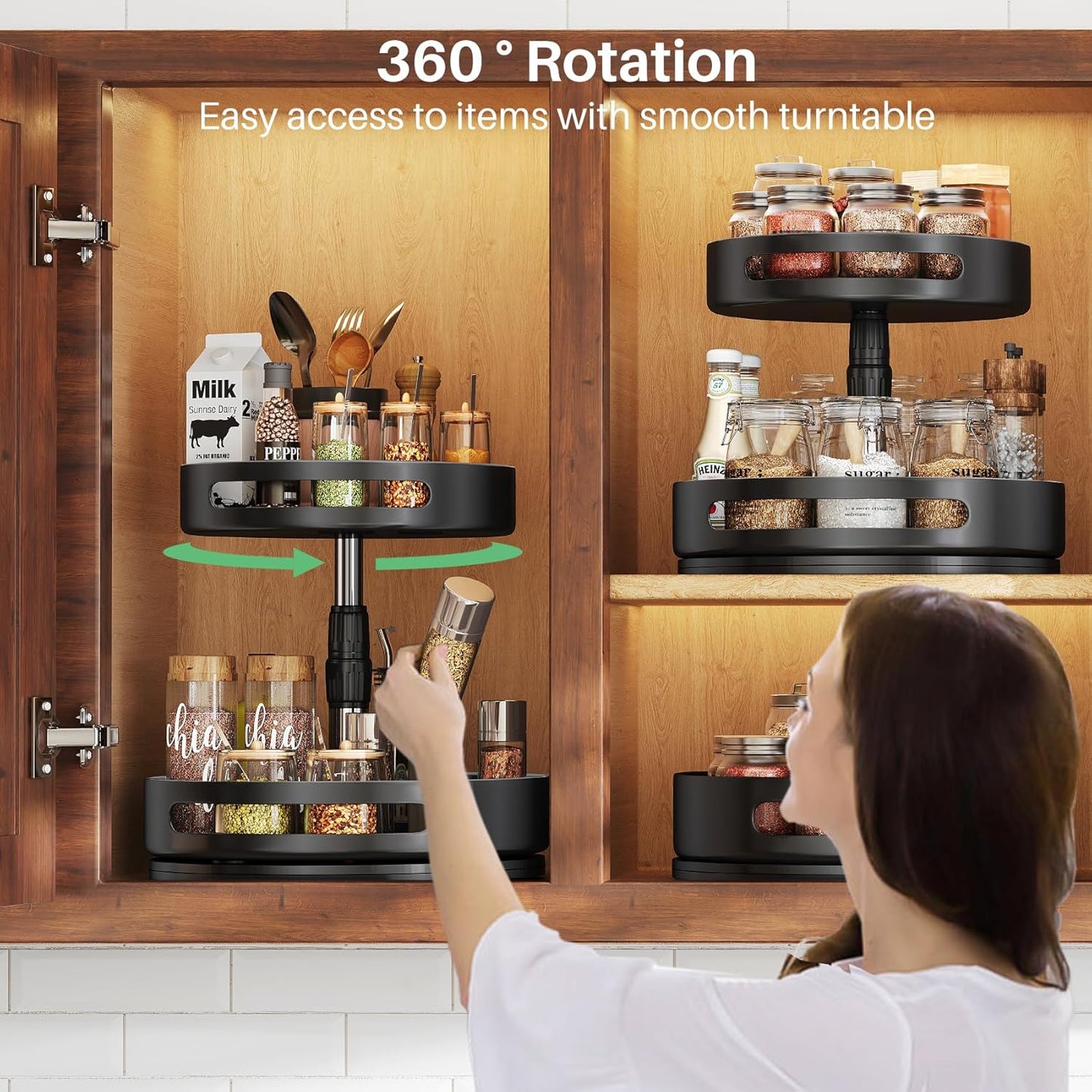 Lazy Susan Organizer Spice Rack - 2 Tier Height Adjustable Spice Organization for Cabinet