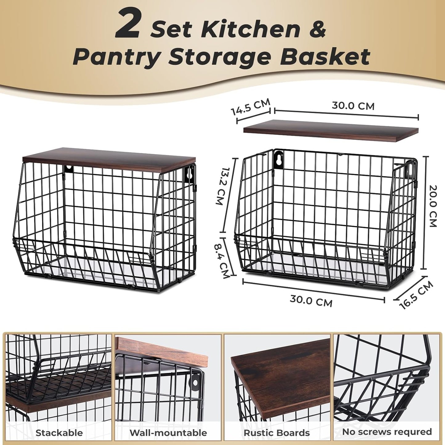 2pcs Fruit Basket Kitchen Storage Basket with Wood Lid