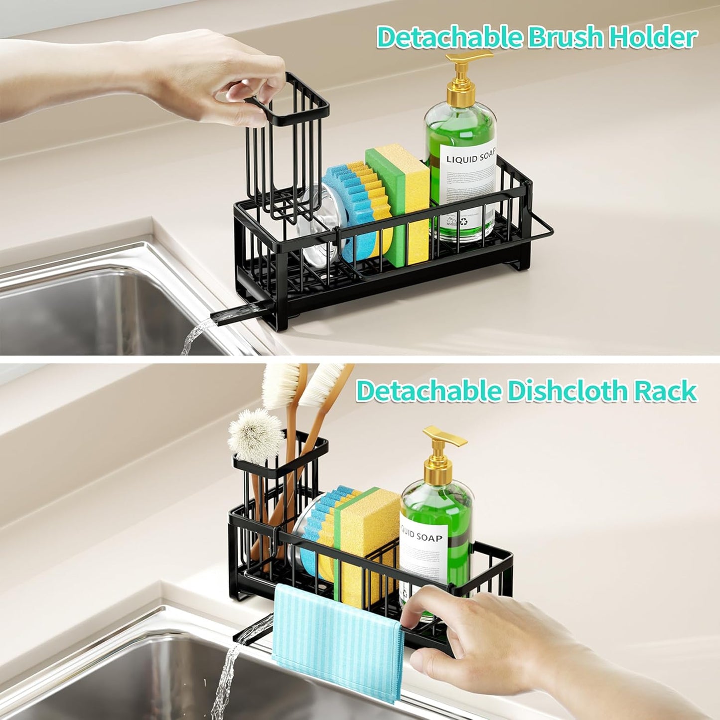 Sponge Holder for Kitchen Sink - Self-draining Sink Caddy with Brush and Dishcloth Holders